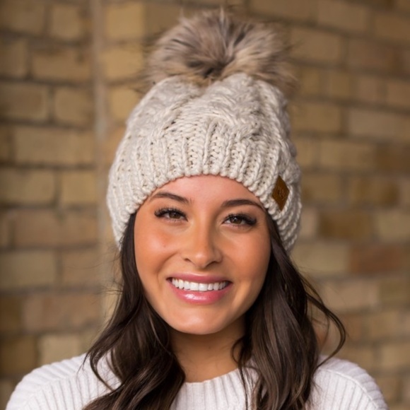 Accessories - SOLD OUT Tan Cable Knit Faux Fur Pompom Beanie Fleece Lined Women's Winter Hat
